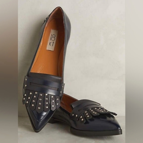 Anthropologie 18KT Della Pia Studded Kiltie Loafer Black Navy Leather - Picture 1 of 16